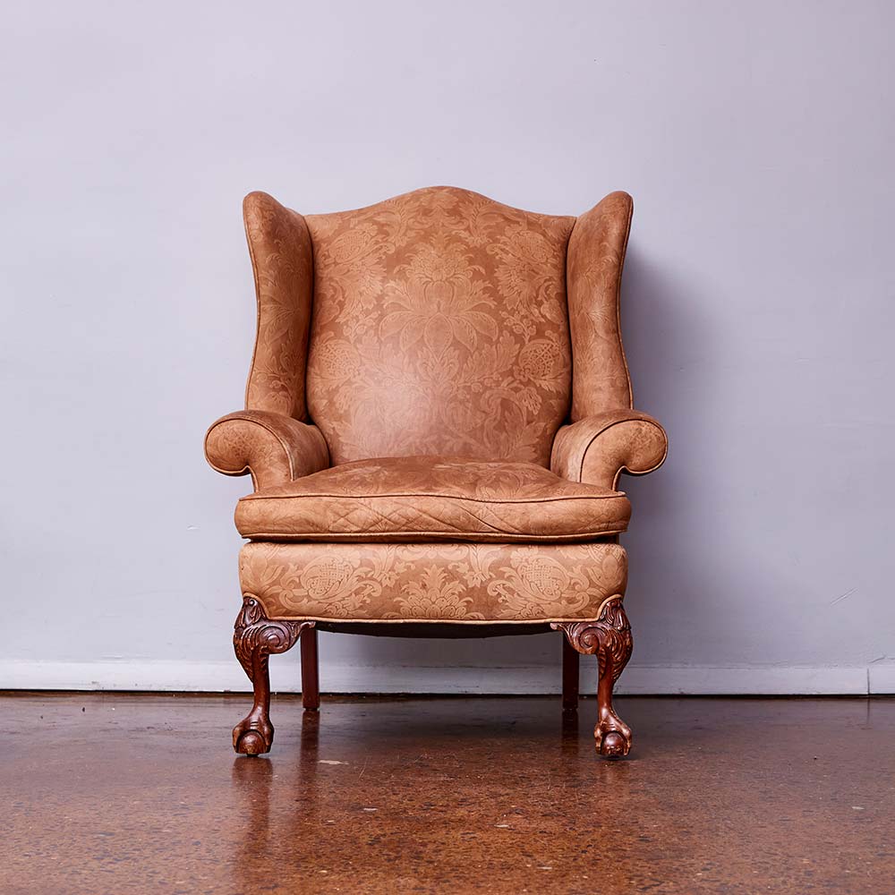 Vintage Brown Jaquard Wingback Chair