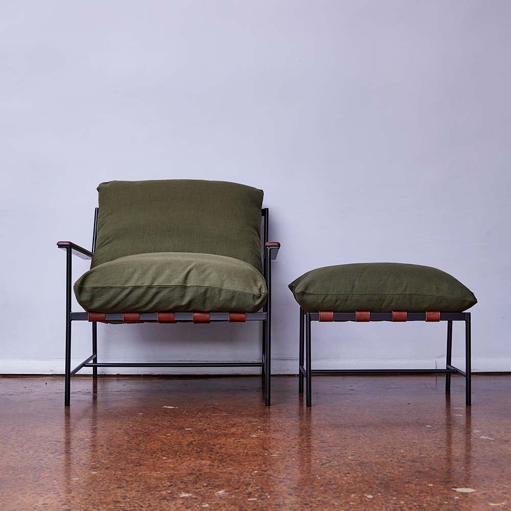 Metal Chair & Ottoman with Brown Leather Weaving