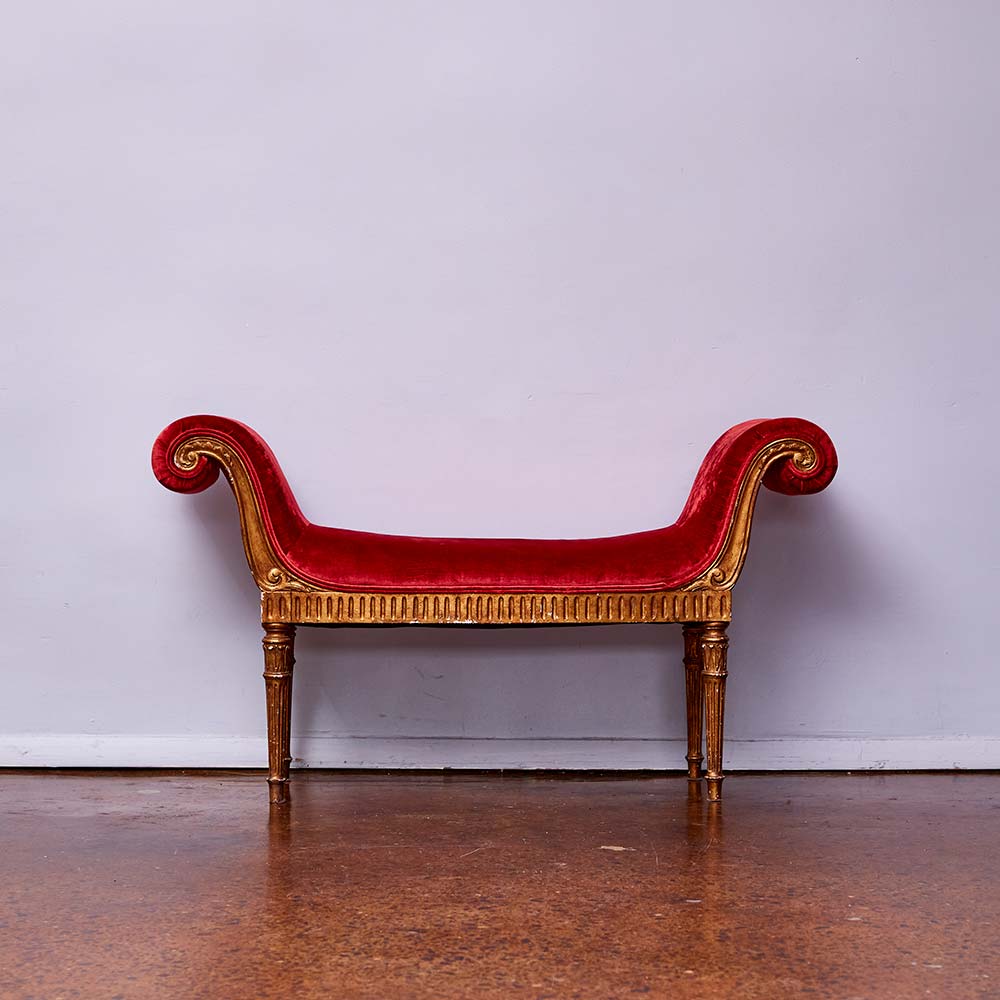 Vintage Settee with Red Velvet Upholstery